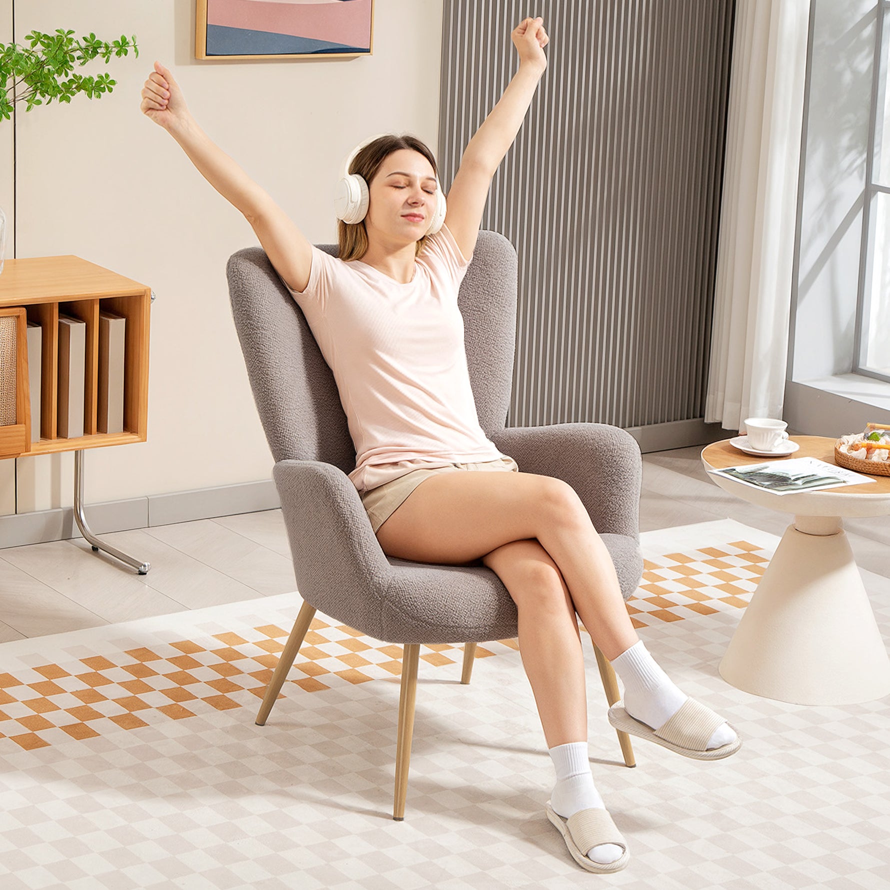 Fauteuil salon, fauteuil d'appoint rembourré en tissu bouclette avec haut dossier et accoudoirs, 71x74x97,5cm, gris