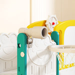 Toboggan pour enfant 7 en 1 avec panier de basket, télescope, rangement, tunnel, escalade, tableau de dessin, jaune