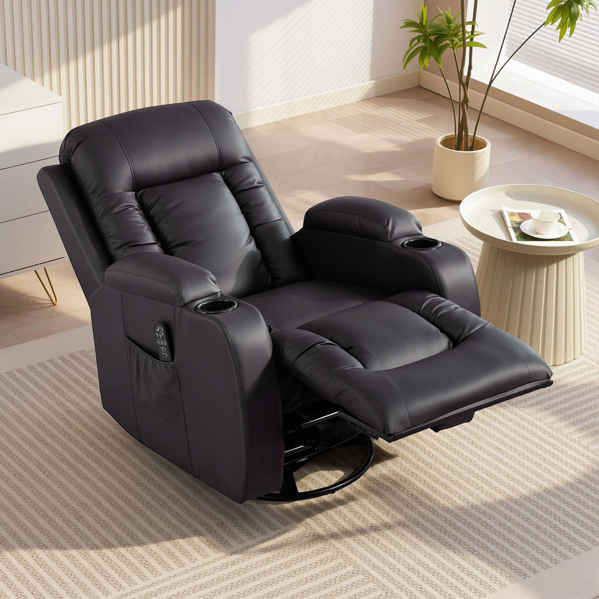 Sillón reclinable de masaje y calefacción, sillón de relax, respaldo ajustable, giratorio 360°, 82x99x103cm, marrón
