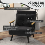 Fauteuil convertible 4 en 1 lit 1 place dossier 5 positions, accoudoirs en bois et coussin, tissu effet velours, noir