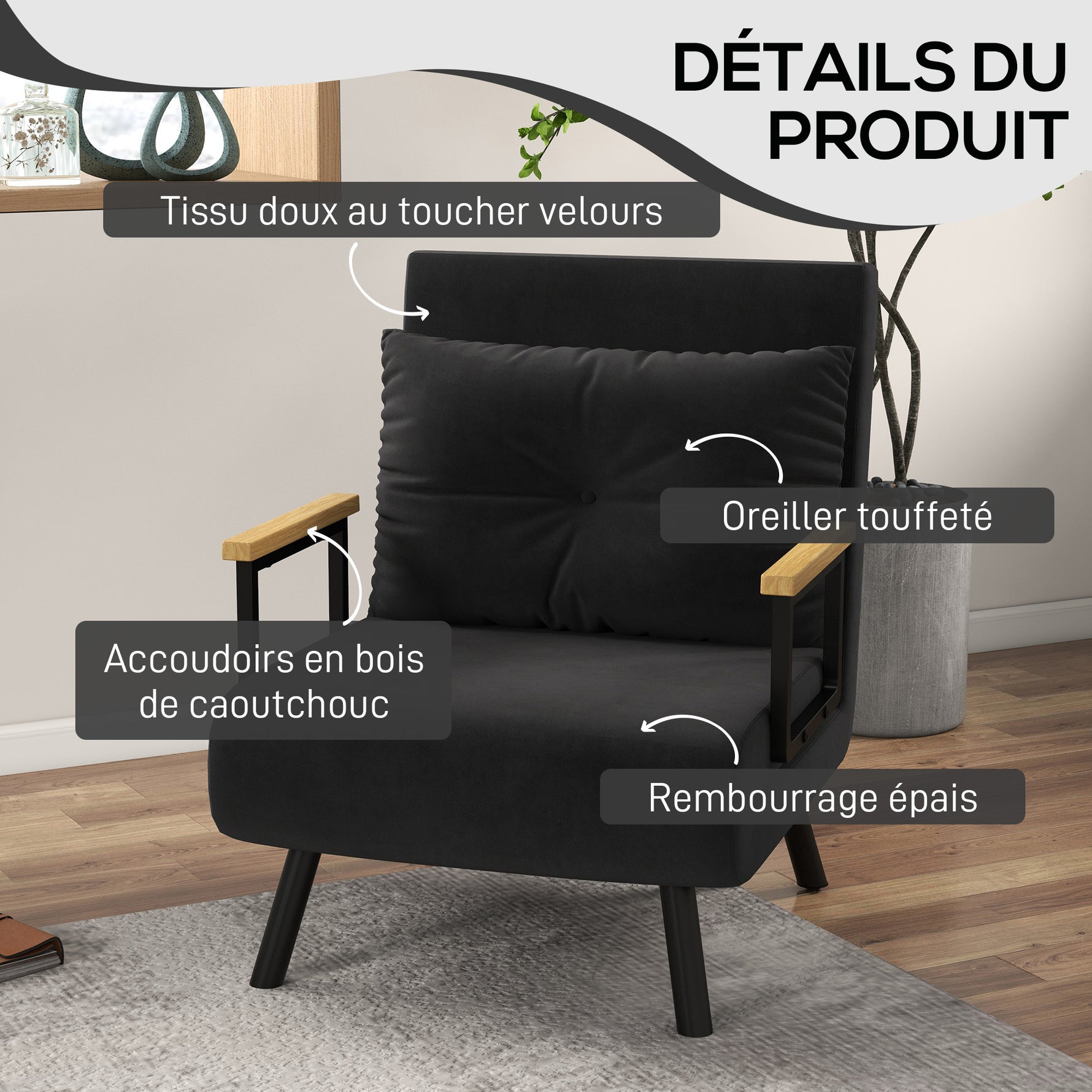 Fauteuil convertible 4 en 1 lit 1 place dossier 5 positions, accoudoirs en bois et coussin, tissu effet velours, noir