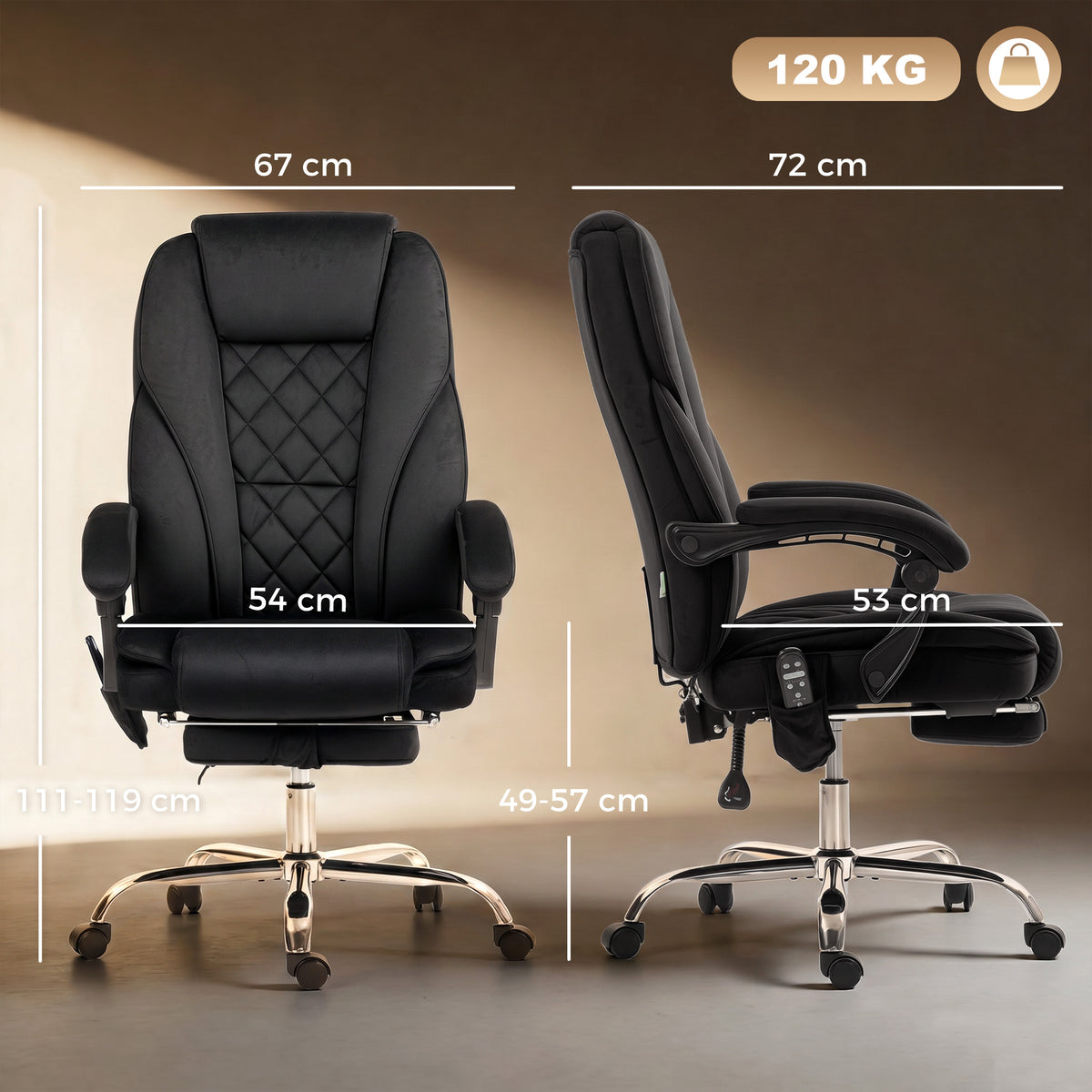 Massage and heating office chair, adjustable height, reclining backrest, remote control, retractable footrest, black