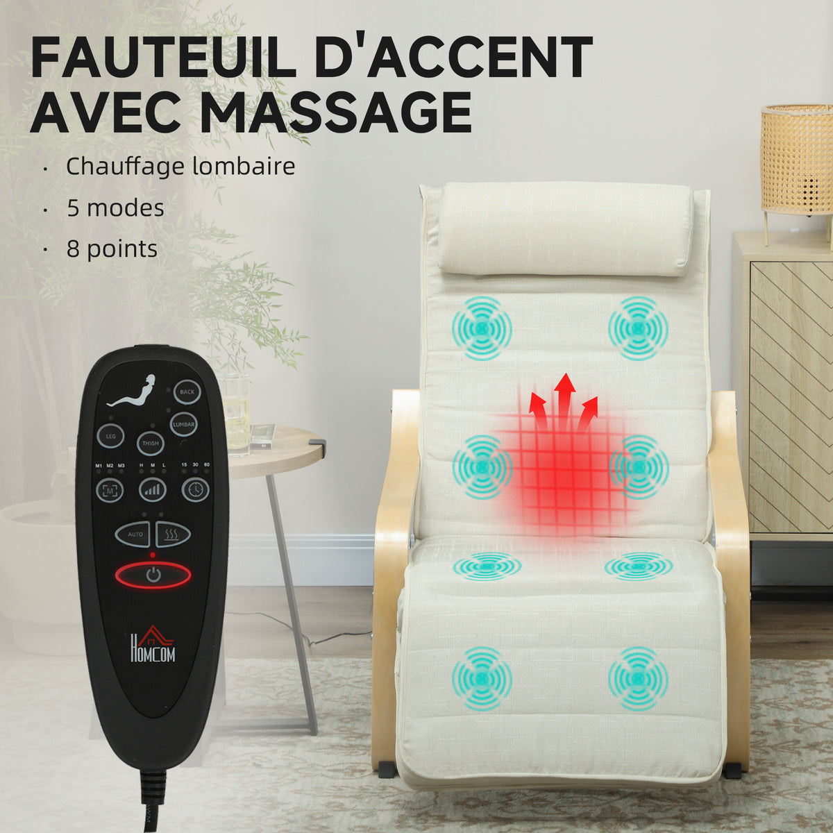 Fauteuil de salon fauteuil relax massant et chauffant dossier haut, appui-tête et repose-pieds, 67 x 95 x 101 cm, crème