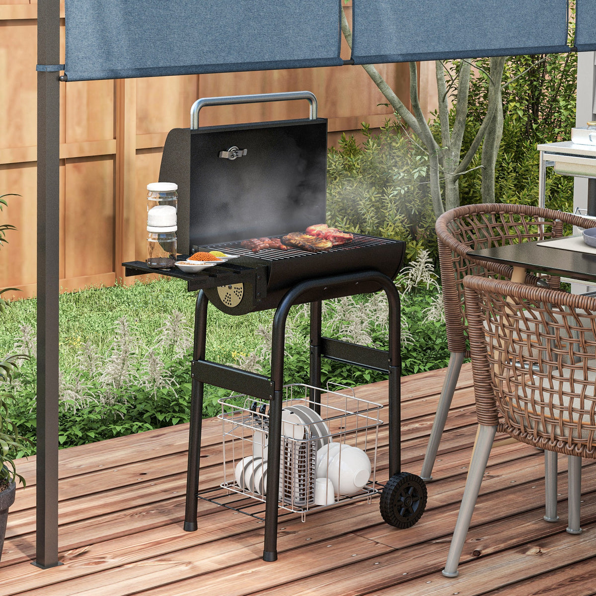 Houtskoolbarbecue trolley, met zijplanken, wielen, deksel, thermometer, schoorsteen, van zwart metaal