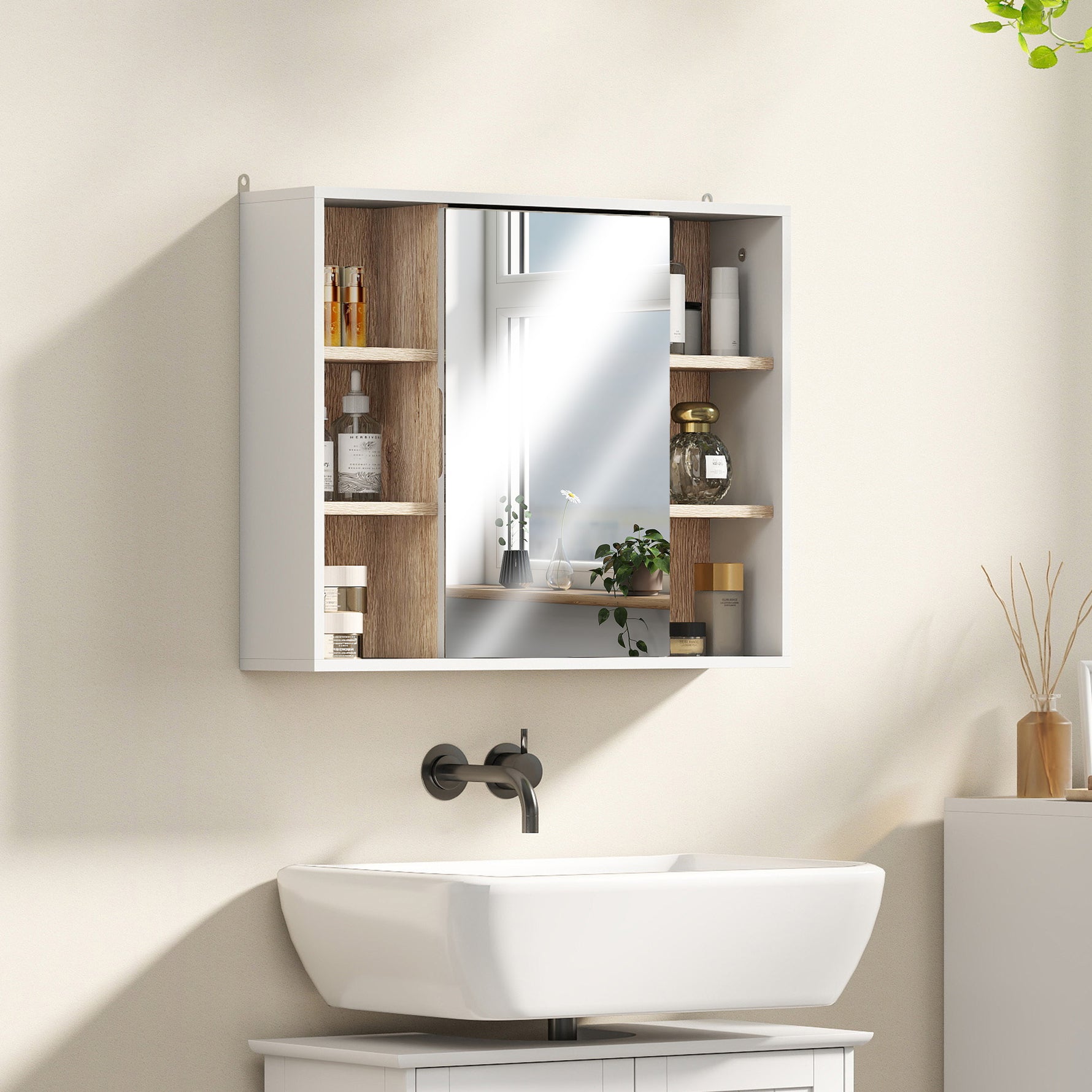 Armoire murale, meuble salle de bain avec miroir, miroir salle de bain avec rangement, placard à portes et 6 compartiments ouverts, 60 x 14,5 x 49,4 cm, blanc