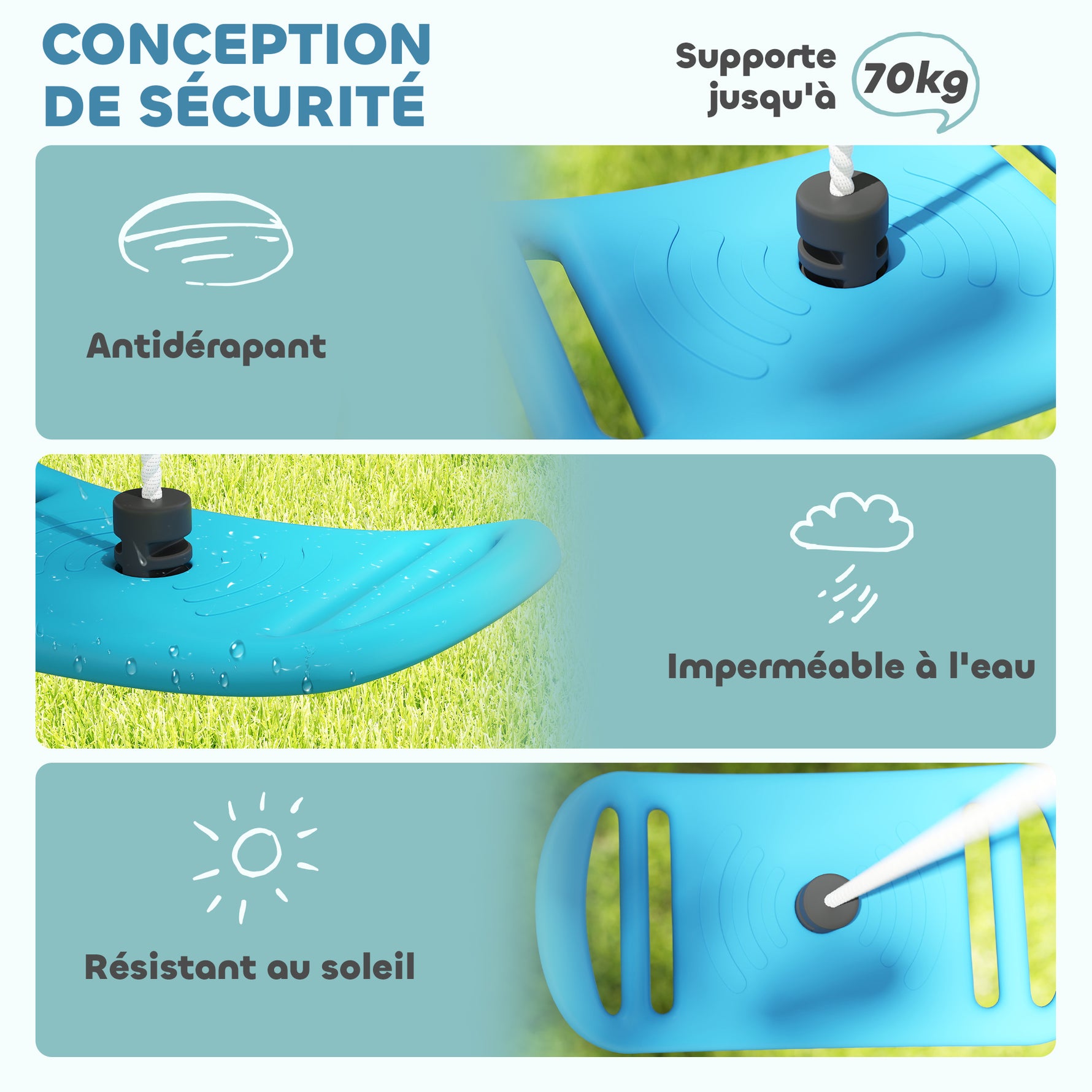 Balançoire enfant extérieur et intérieur avec corde réglable, mousqueton, charge max. 70 kg, bleu