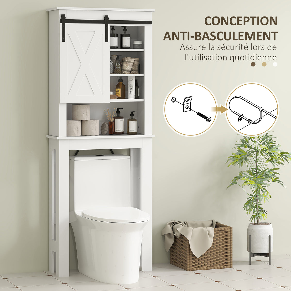 Meuble WC dessus de toilette avec porte coulissante, avec 6 compartiments de rangement, blanc