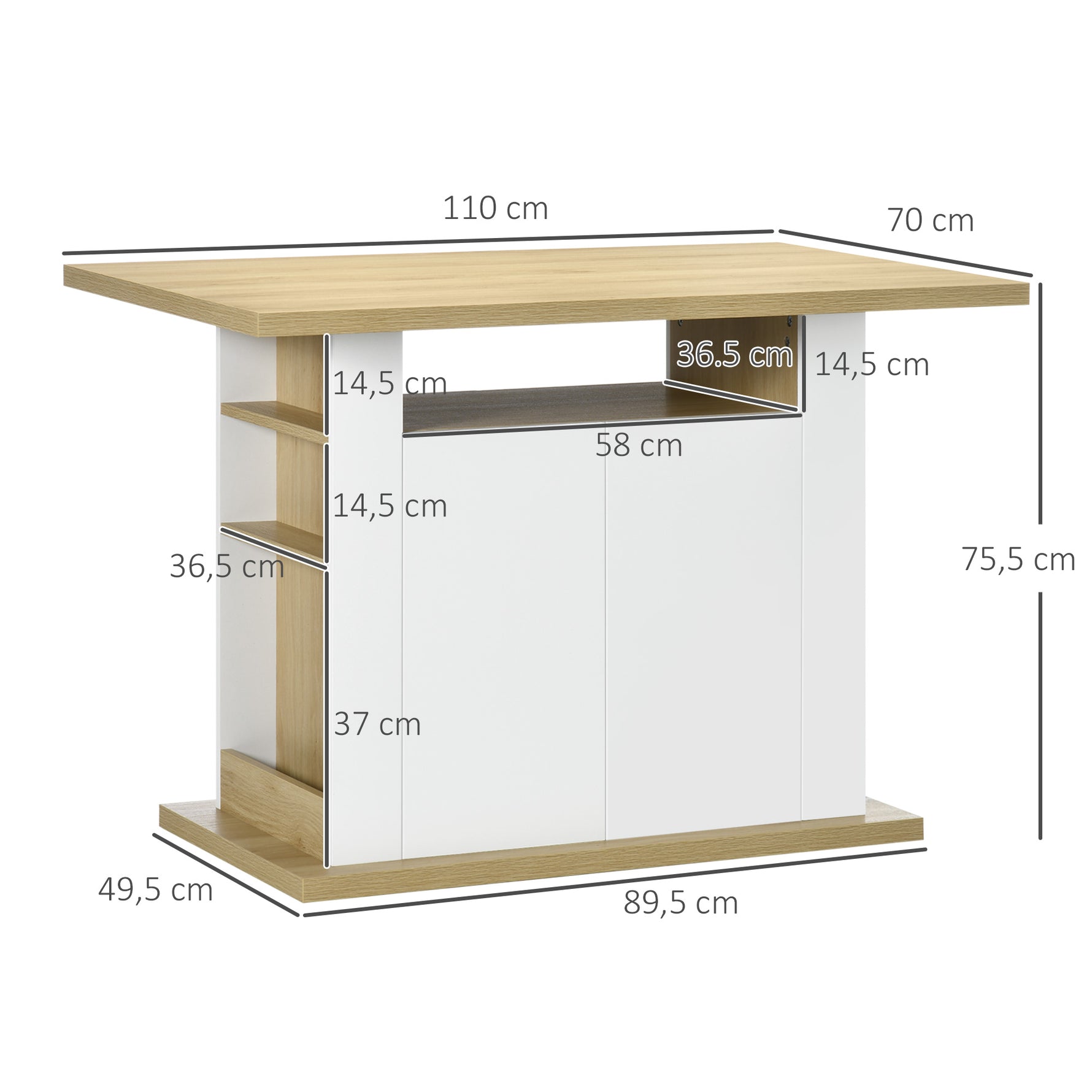 Ilot central cuisine table avec grand plan de travail 4 personnes - dim. 110L x 70l x 75,5H cm