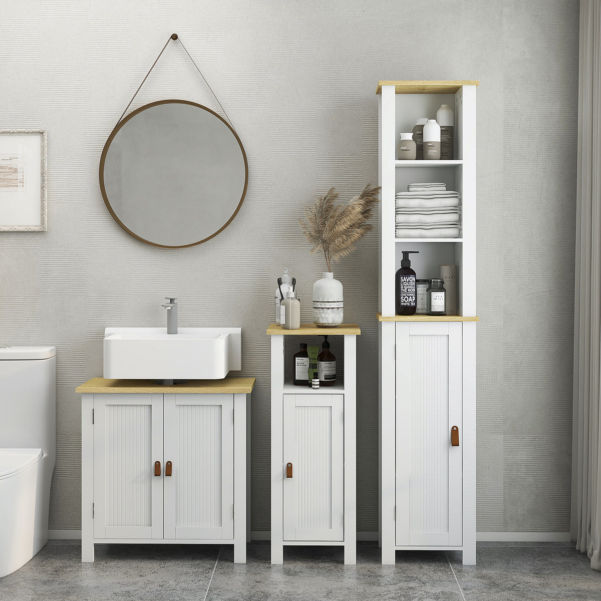 Mueble bajo lavabo 2 puertas, estante interior ajustable de 2 niveles, tiradores de PU, 60 x 30 x 60 cm, blanco