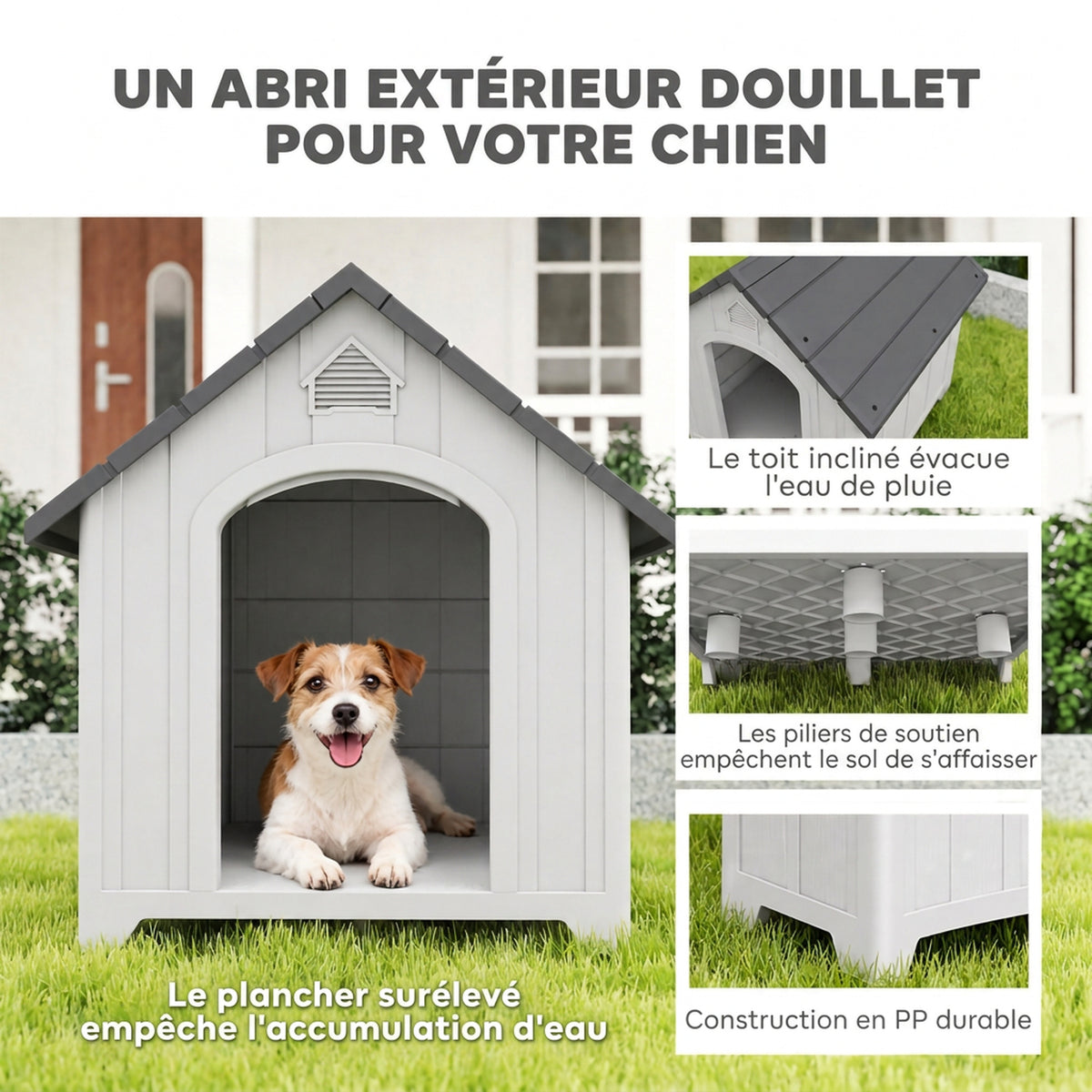 Caseta para perro de exterior, casa para perro de polipropileno impermeable ventilada con suelo elevado 66x55x65cm gris claro