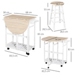 Ensemble Table de Bar Pliable sur roulettes avec étagère et 2 tiroirs + 2 tabourets Bois pin MDF Blanc chêne Clair