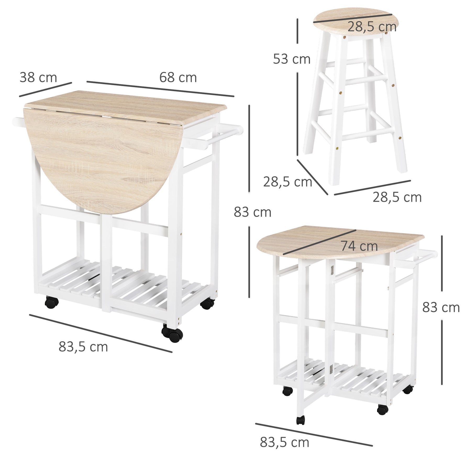 Ensemble Table de Bar Pliable sur roulettes avec étagère et 2 tiroirs + 2 tabourets Bois pin MDF Blanc chêne Clair