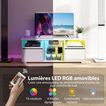 Meuble TV 120 cm, meuble télé pour téléviseur jusqu'à 55 pouces éclairage LED et télécommande étagères en verre blanc