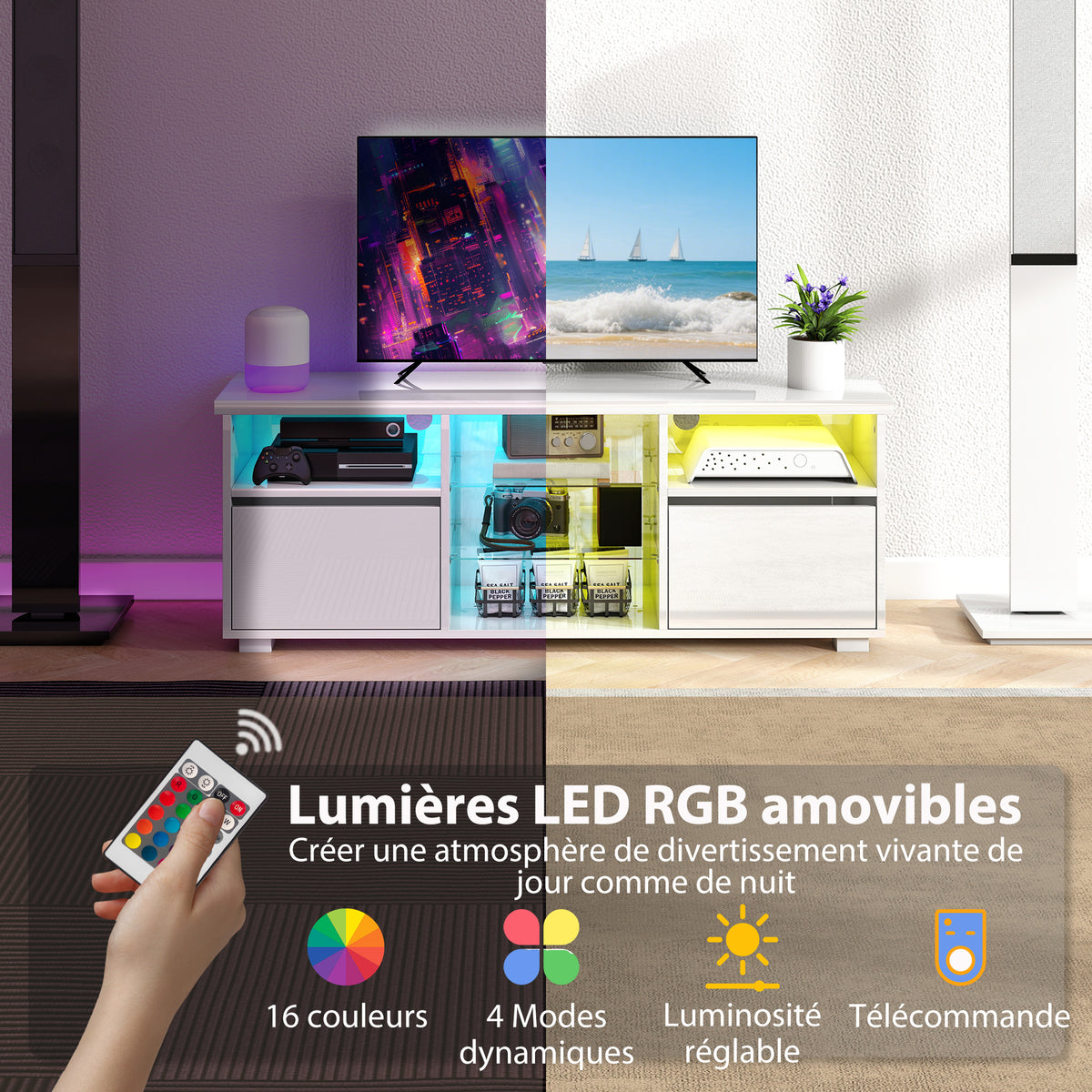 Meuble TV 120 cm, meuble télé pour téléviseur jusqu'à 55 pouces éclairage LED et télécommande étagères en verre blanc