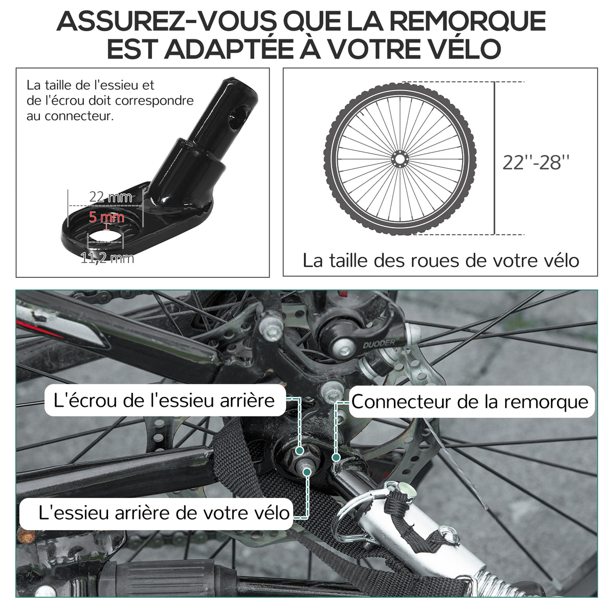 Remorque pliable pour vélo en acier roues 16 pouces charge max. 40 kg avec barre d'attelage universelle
