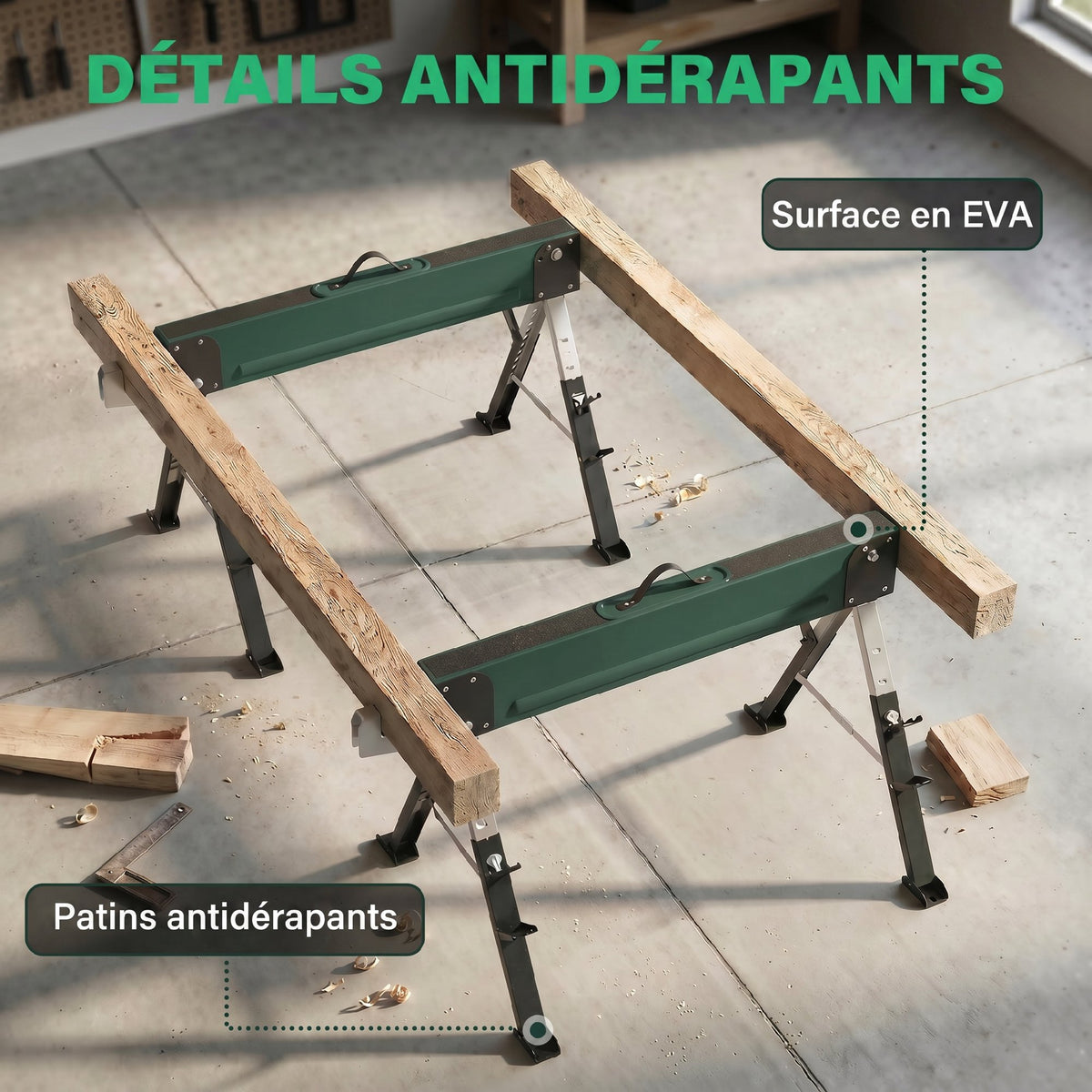 lot de 2 tréteaux pliables en métal, charge max 1160 kg, hauteur réglable 64-81cm, poignée de transport, vert