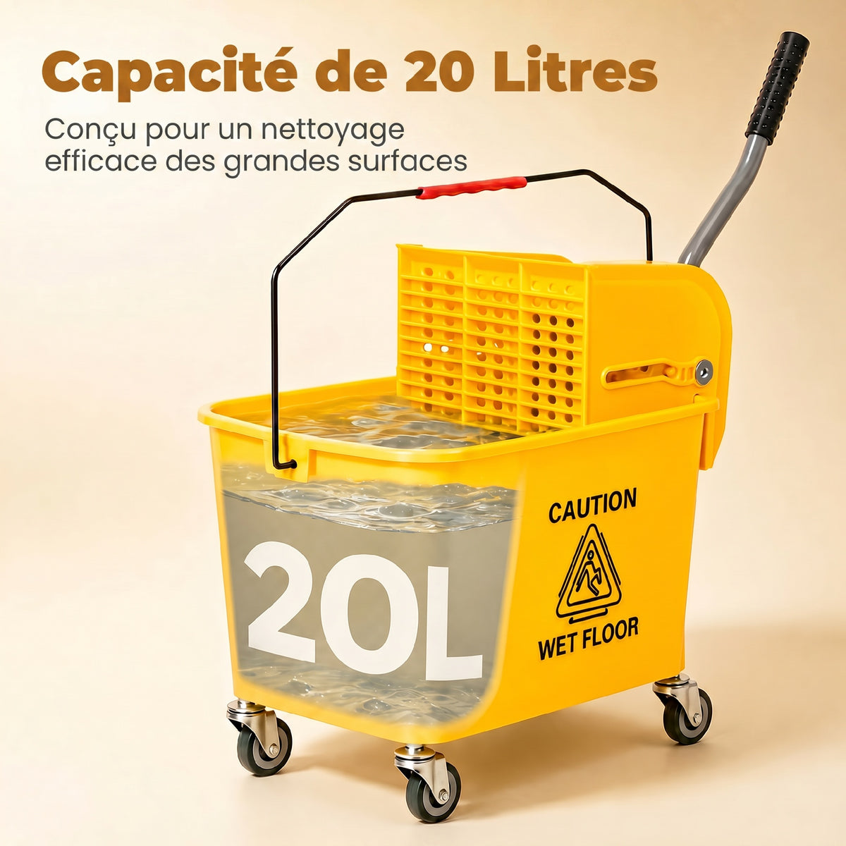 Chariot de nettoyage lavage seau de ménage 20 L avec essoreur et séparateur eau sale propre jaune 60L x 27l x 70,5H cm