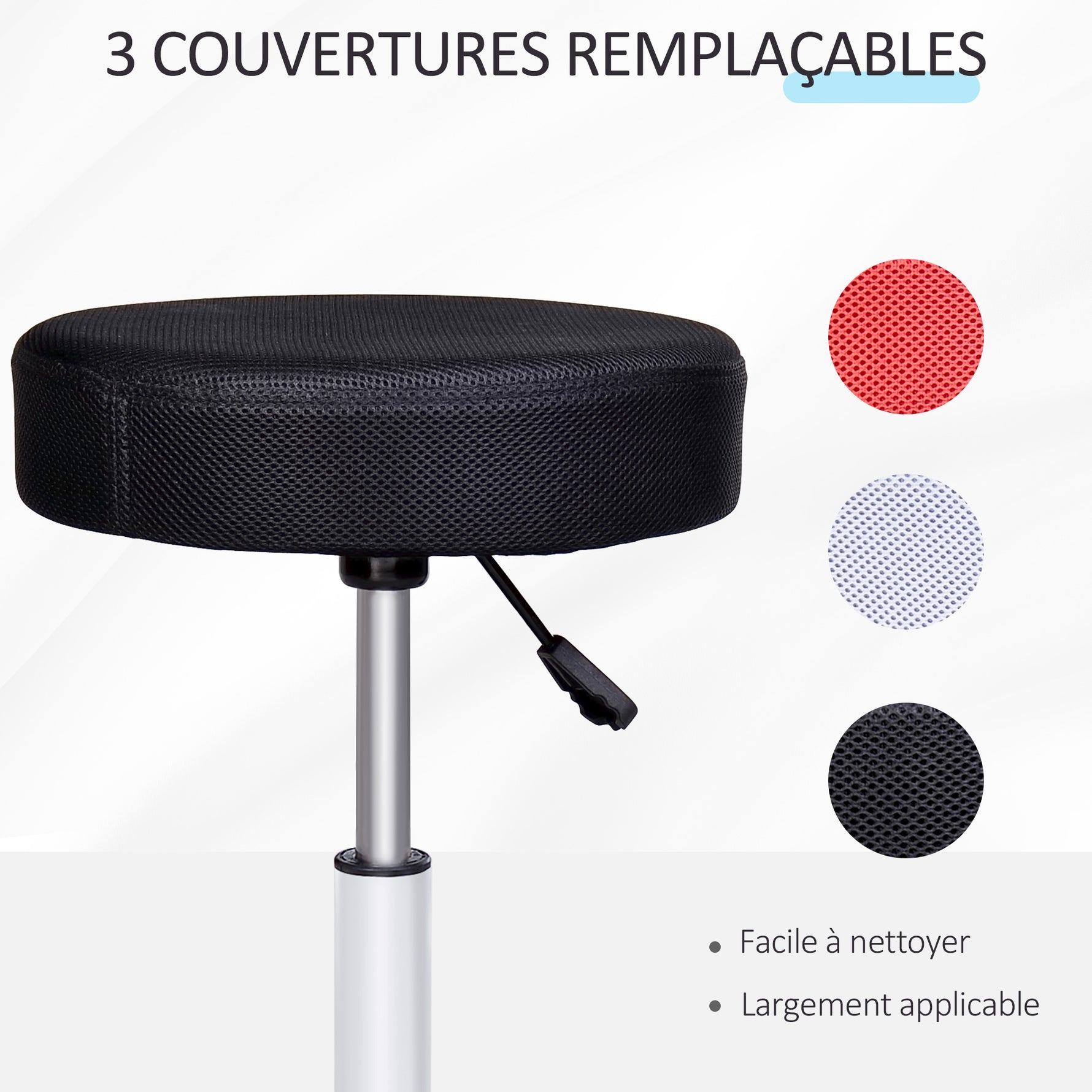 Tabouret massage a roulettes reglable en hauteur pivotant avec trois couleurs de housse de protection