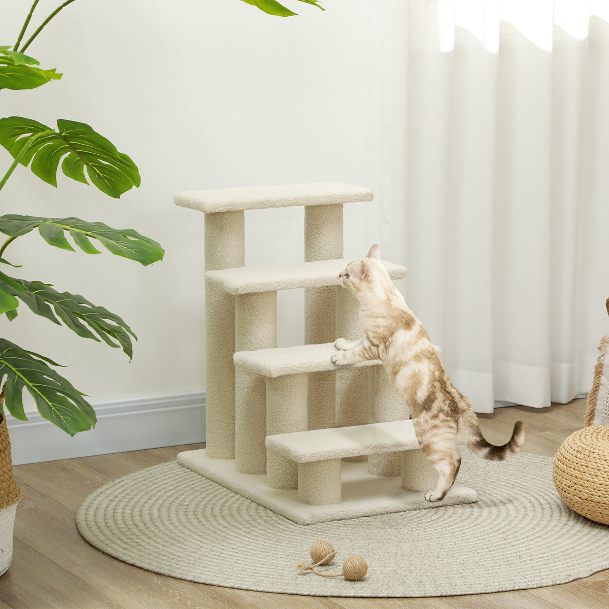 Huisdierentrap met 4 treden, bekleding met bouclé-effect, 61 x 41 x 60 cm, crème