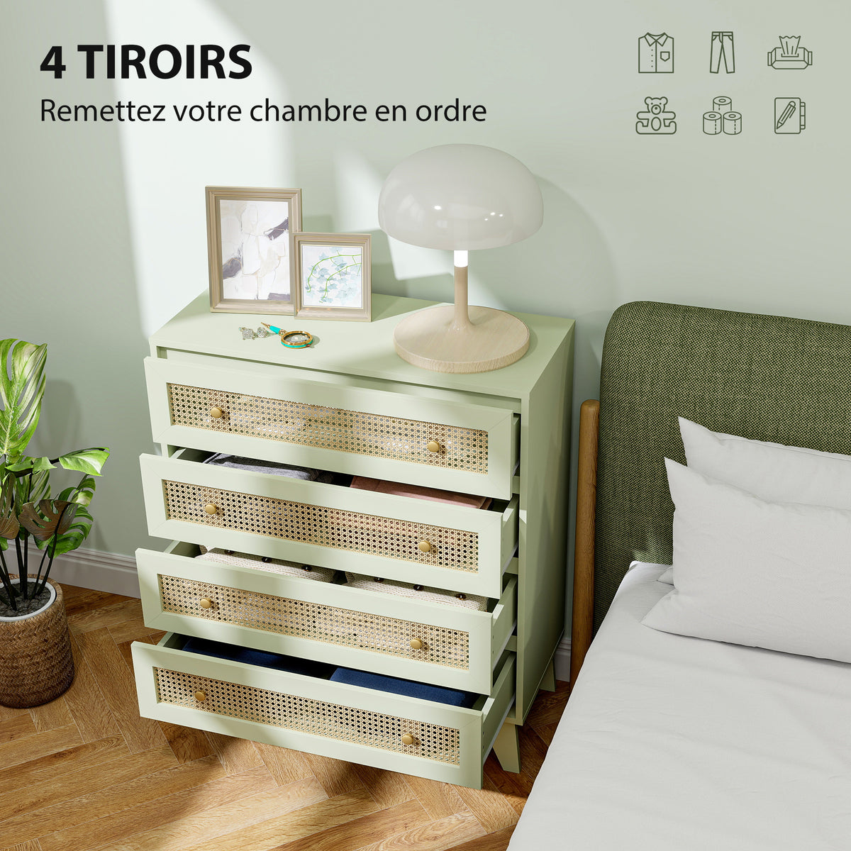 Commode 4 tiroirs meuble de rangement cannage en rotin aspect bois clair 80 x 35 x 95 cm vert