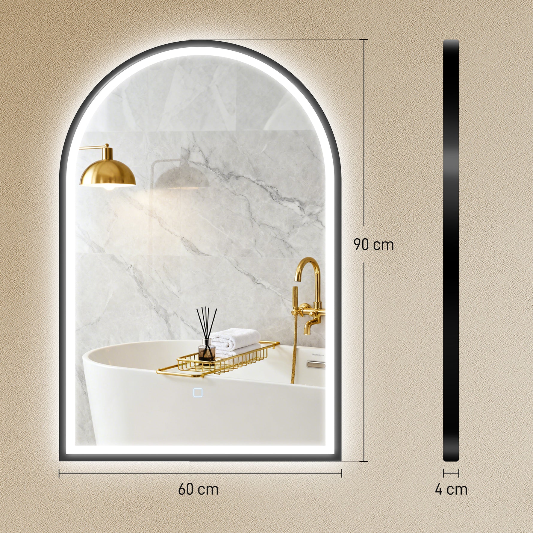 Miroir Salle de Bain avec Éclairage 60 x 90 cm, Miroir LED Arqué, Anti-Buée, 3 Couleurs Lumière, Dimmable, Mémoire, Noir