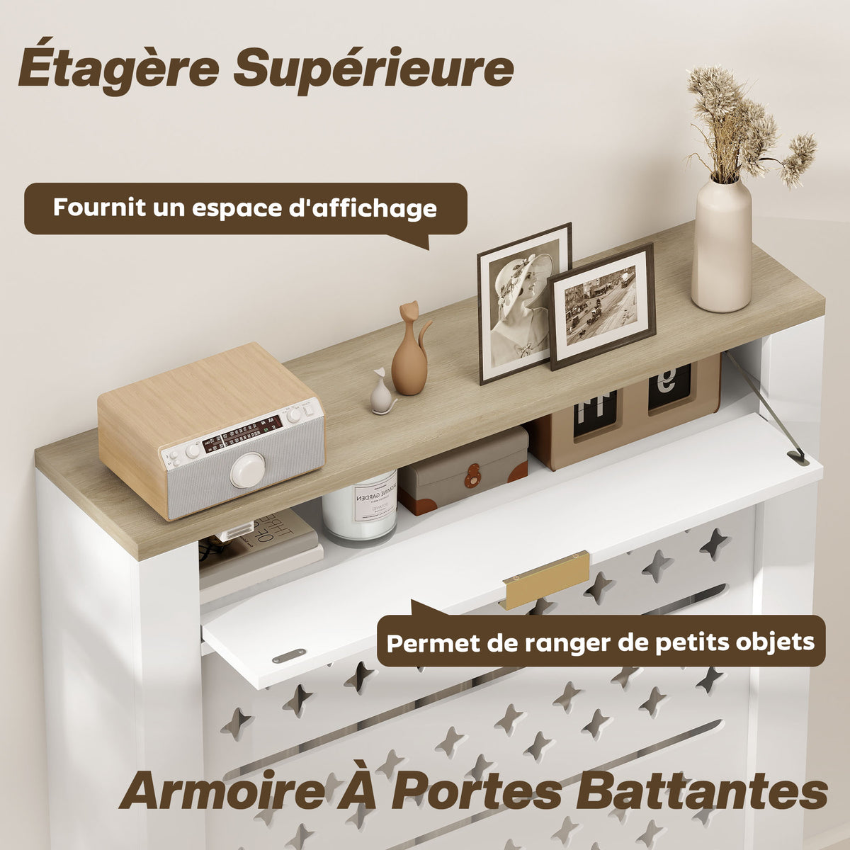Couvercle de radiateur, cache radiateur avec placard rabattable et étagère supérieur, 78 x 19 x 95,5 cm, blanc