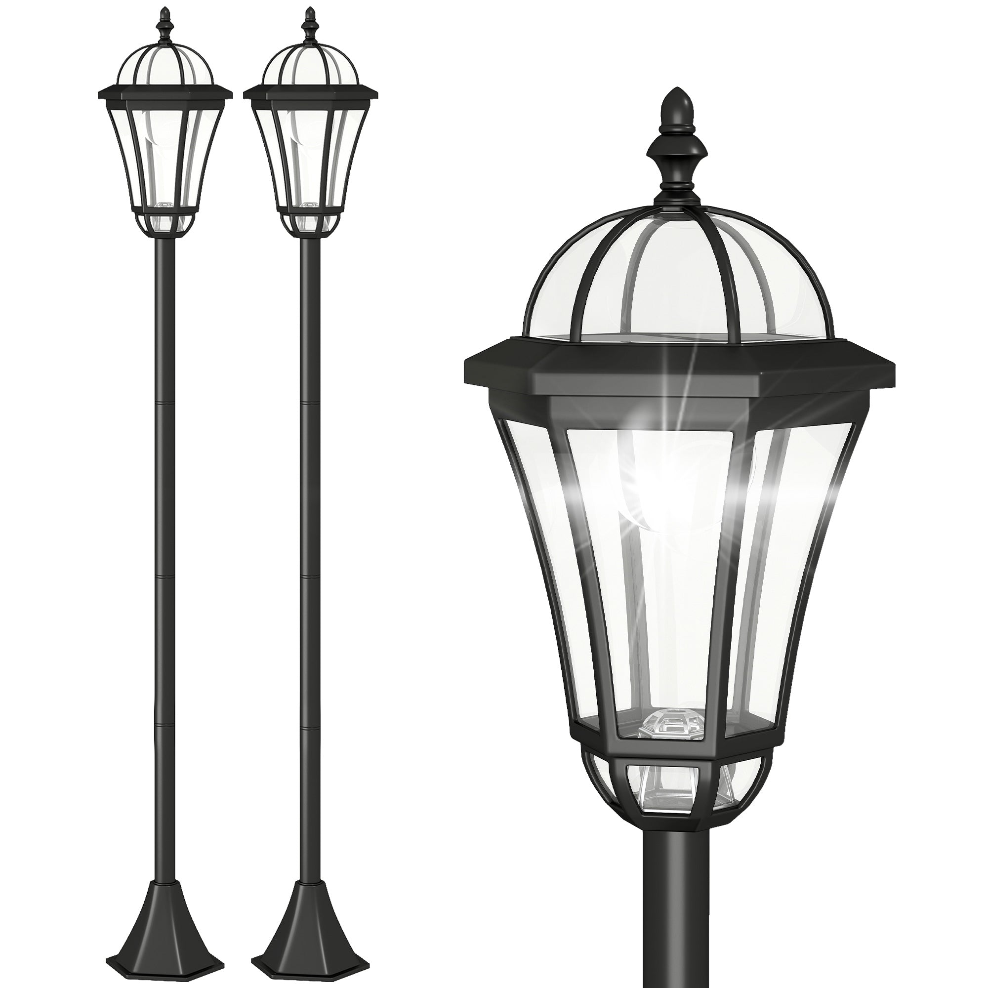 2 lampadaires sur pied solaires d'extérieur jardin avec 2 lampes LED blanc 6000K IP44 Ø18,5 x 129H cm noir