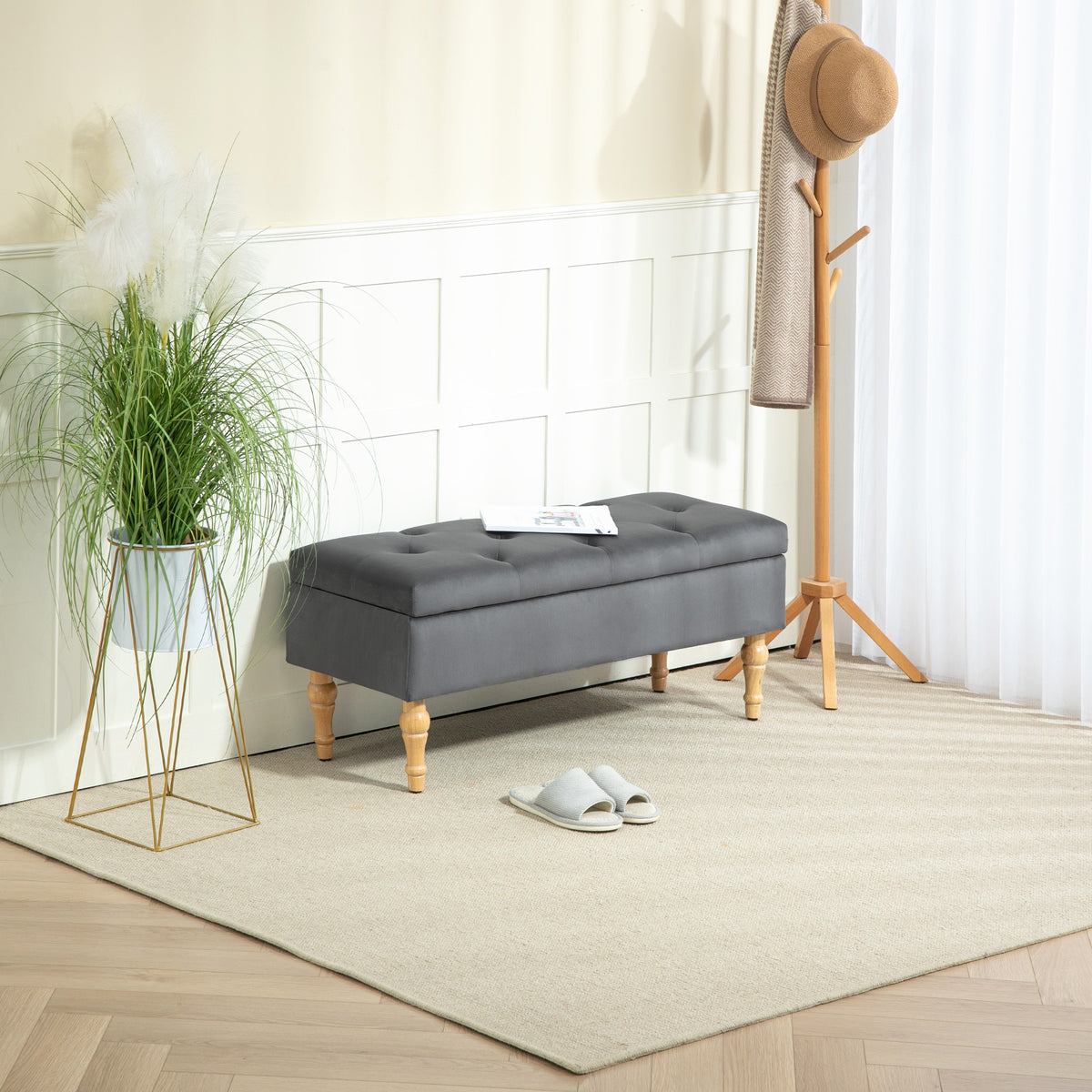 Banc coffre de rangement 2 en 1 banquette en velours avec couvercle à charnière capitonné et pieds en bois, gris foncé