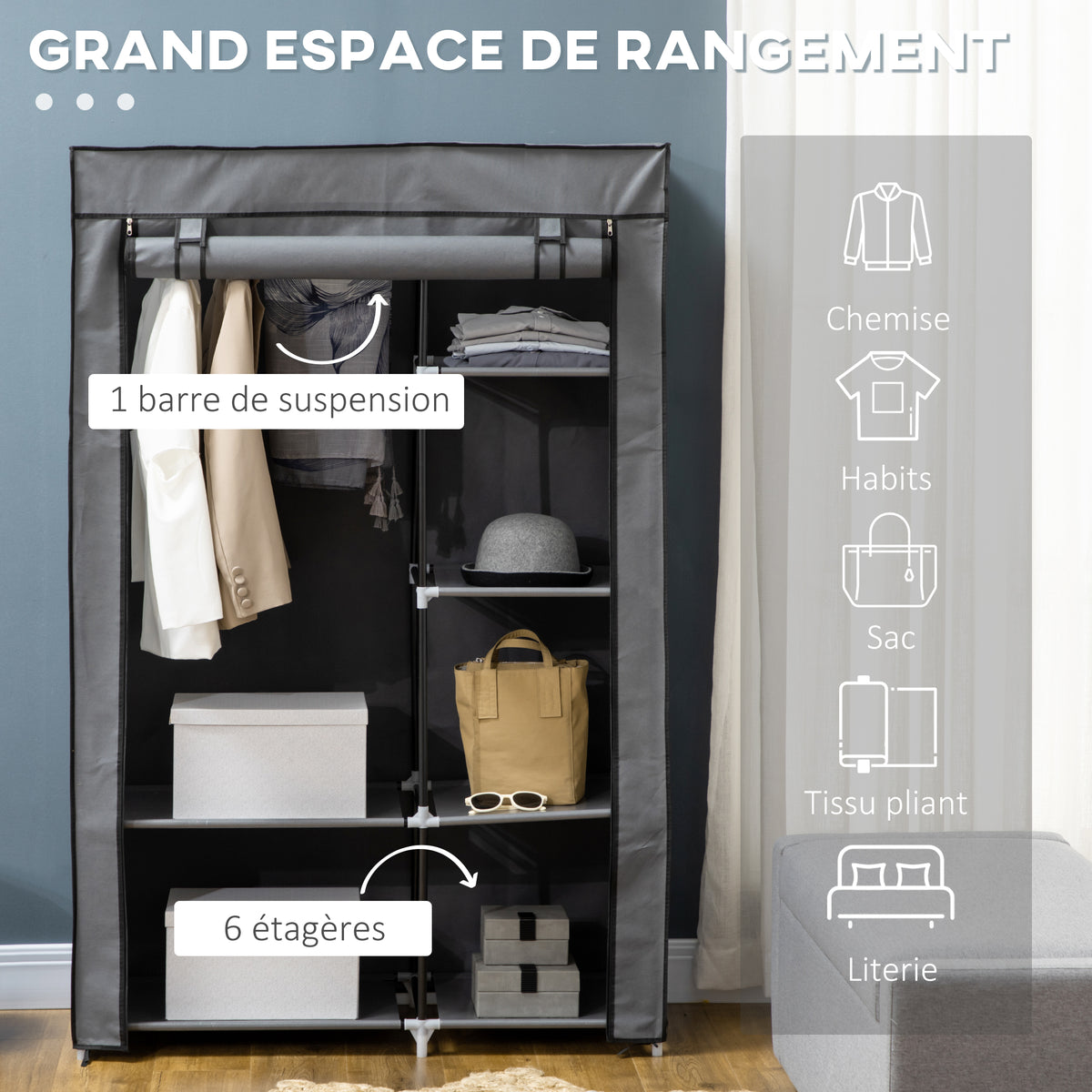 Armoire penderie multi-rangement - 6 étagères, 1 barre - non tissé gris