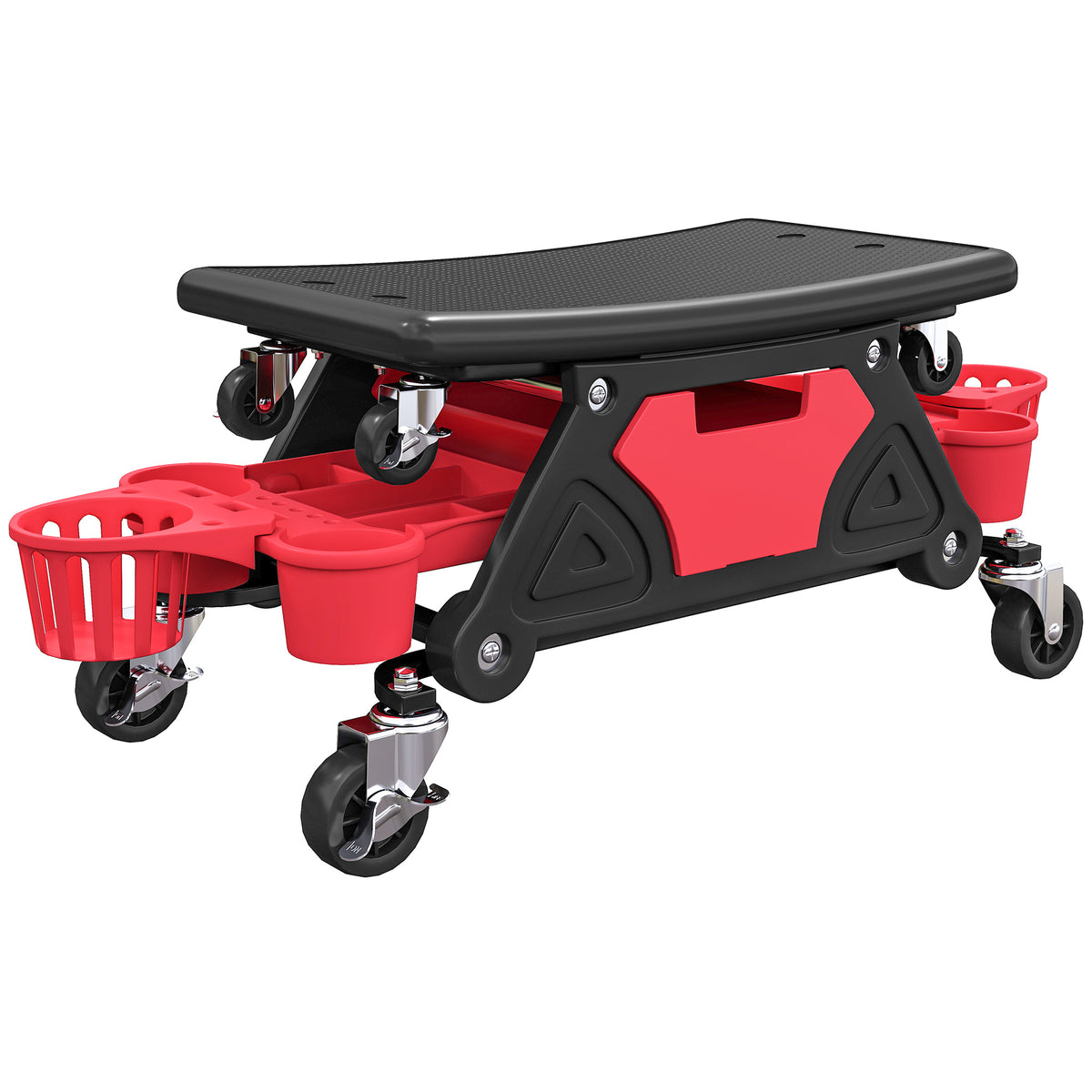 Tabouret d'atelier mobile 135 kg, tabouret de mécanicien avec roulettes rotatif à 360° avec plateaux, 86x33x33cm, rouge