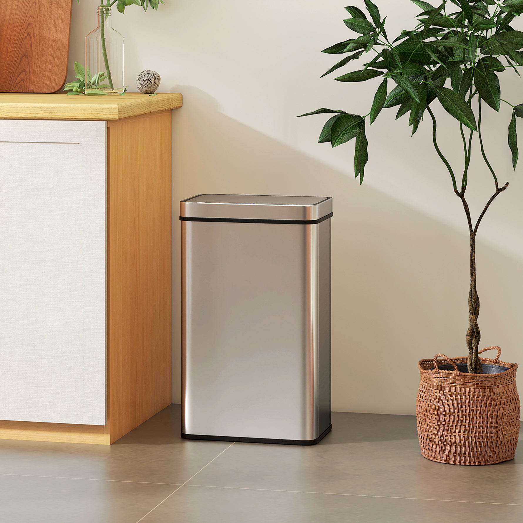 Poubelle à capteur 60 L avec couvercle à fermeture douce, poubelle de cuisine automatique en acier inoxydable, argenté