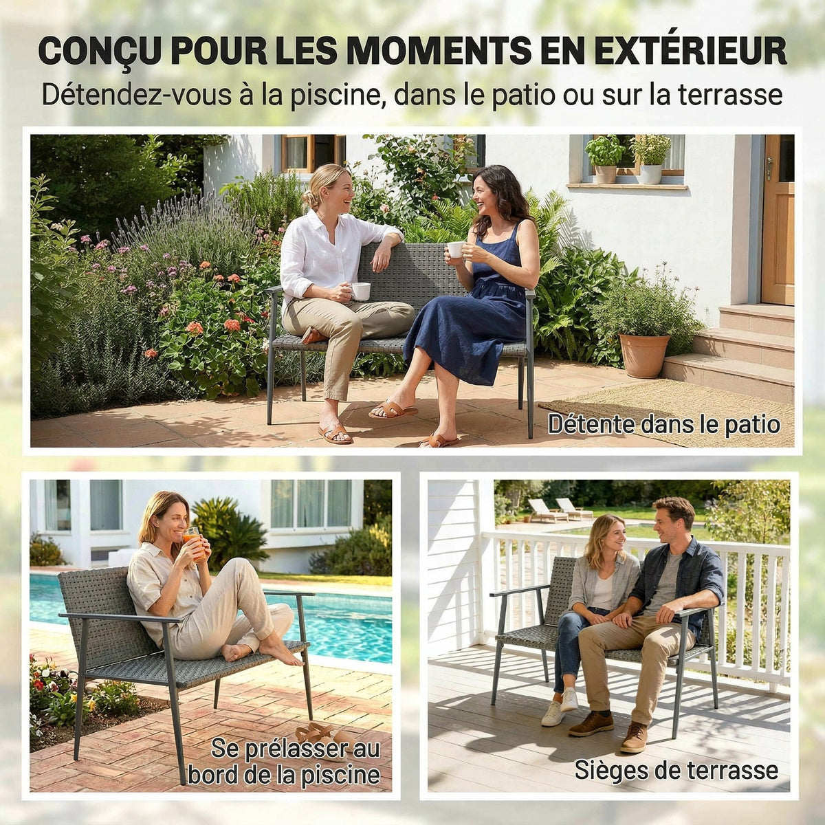 2-Seater Garden Bench in Woven Resin and Steel, with Armrests, Adjustable Backrests and Feet, 110x58x78cm, Grey