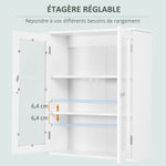 Armoire murale de salle de bain, meuble haut salle de bains avec 2 portes en verre, étagère réglable, 55x20x65cm, blanc