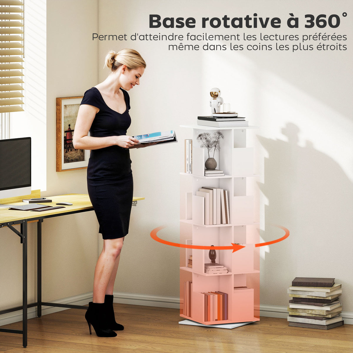 Draaibare boekenkast met 4 niveaus, opbergrek met 16 vakken, 39 x 39 x 128,3 cm, wit