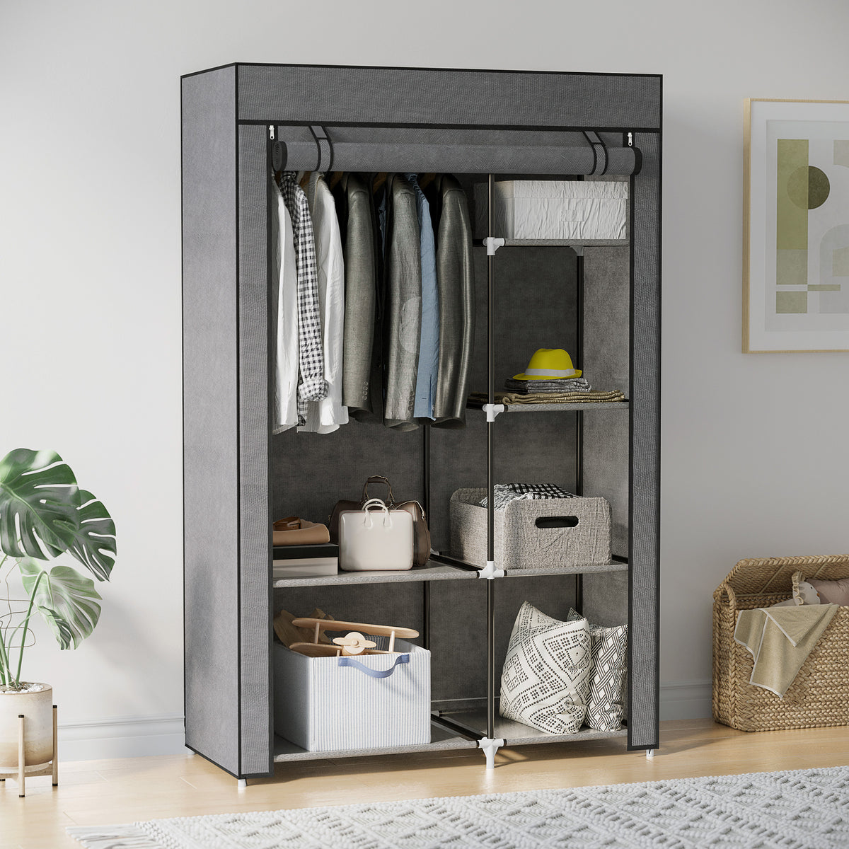 Armoire penderie multi-rangement - 6 étagères, 1 barre - non tissé gris