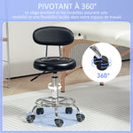 Tabouret à roulettes, tabouret de massage avec hauteur réglable 70-86 cm et dossier, pivotant 360°, noir