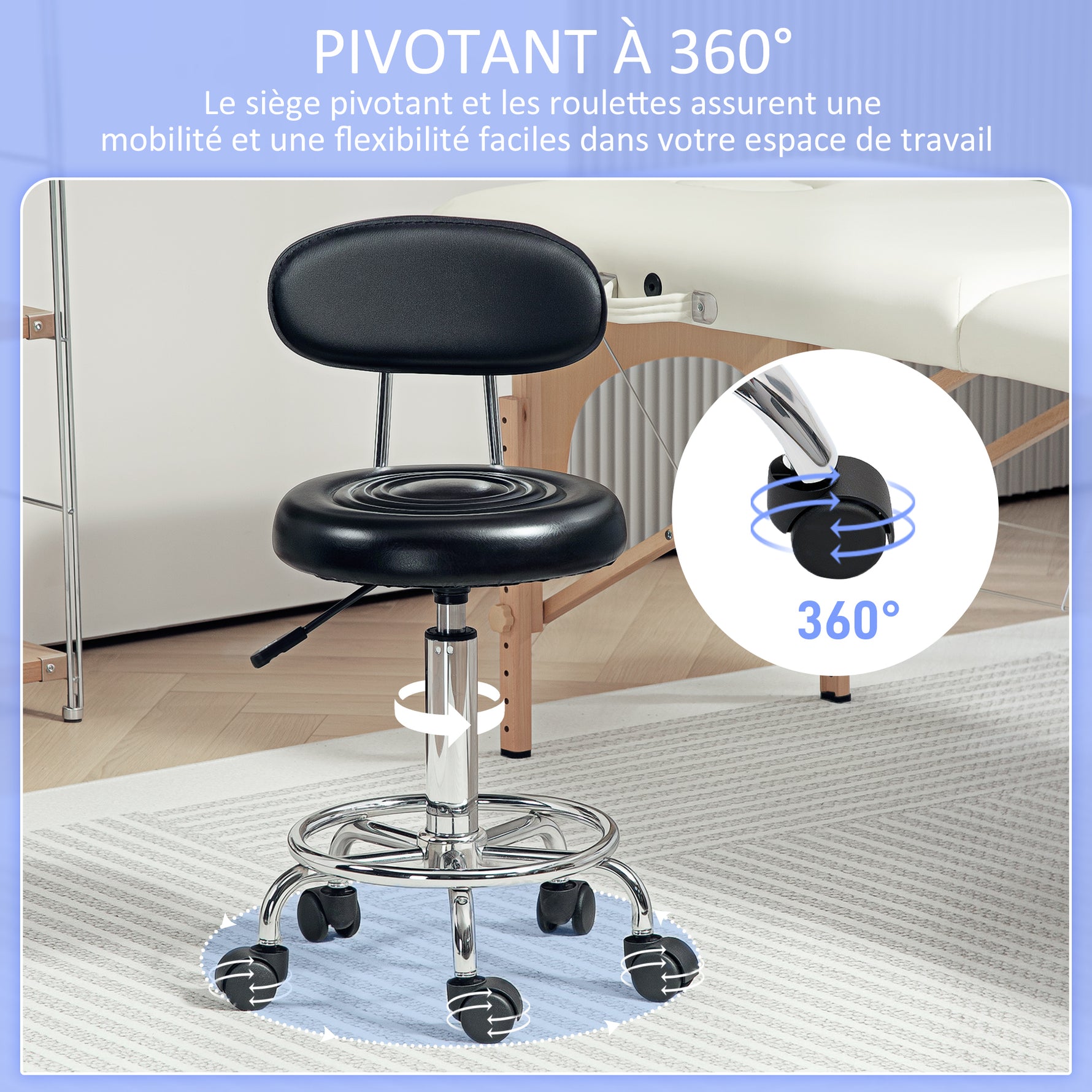 Tabouret à roulettes, tabouret de massage avec hauteur réglable 70-86 cm et dossier, pivotant 360°, noir