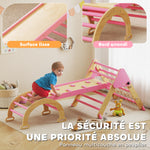 Triangle d'escalade enfants 8 en 1 avec rampe double face, arc d'escalade en bois avec toboggan & échelle, rose