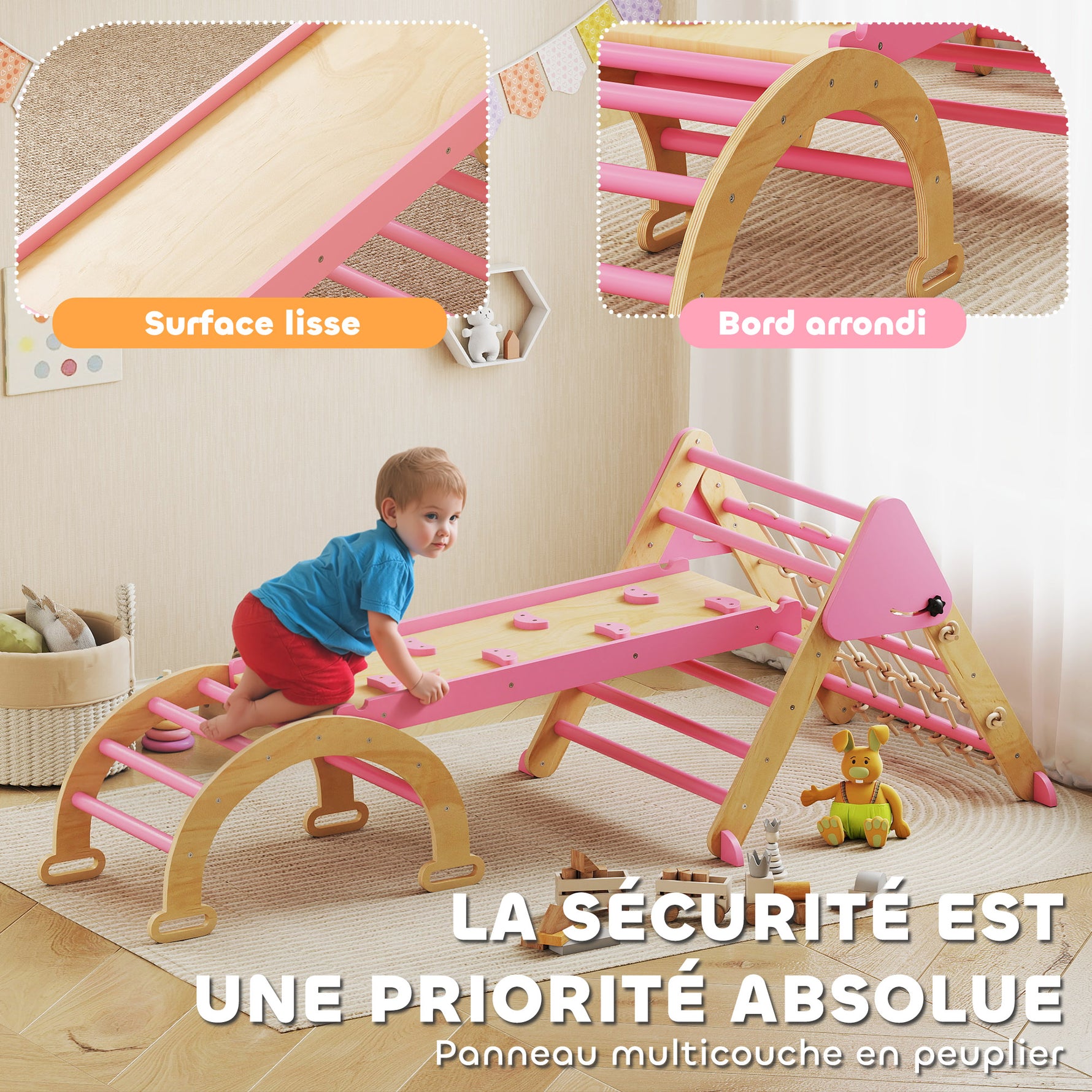 Triangle d'escalade enfants 8 en 1 avec rampe double face, arc d'escalade en bois avec toboggan & échelle, rose