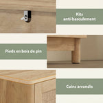 Commode 3 Tiroirs en Rotin, Meuble de Rangement, Chiffonnier, Pieds en Bois Massif, Style Bohème, 76x35x76cm, Chêne