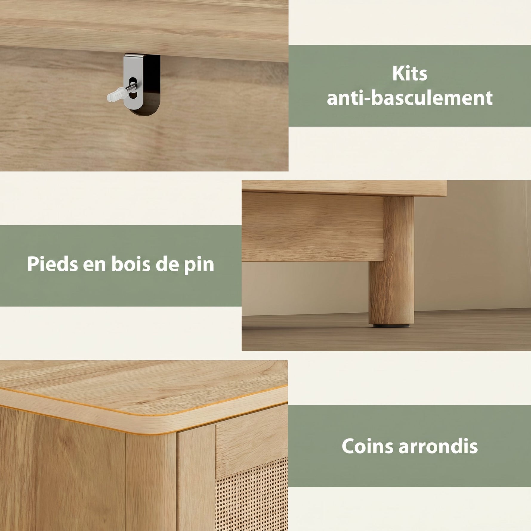 Commode 3 Tiroirs en Rotin, Meuble de Rangement, Chiffonnier, Pieds en Bois Massif, Style Bohème, 76x35x76cm, Chêne