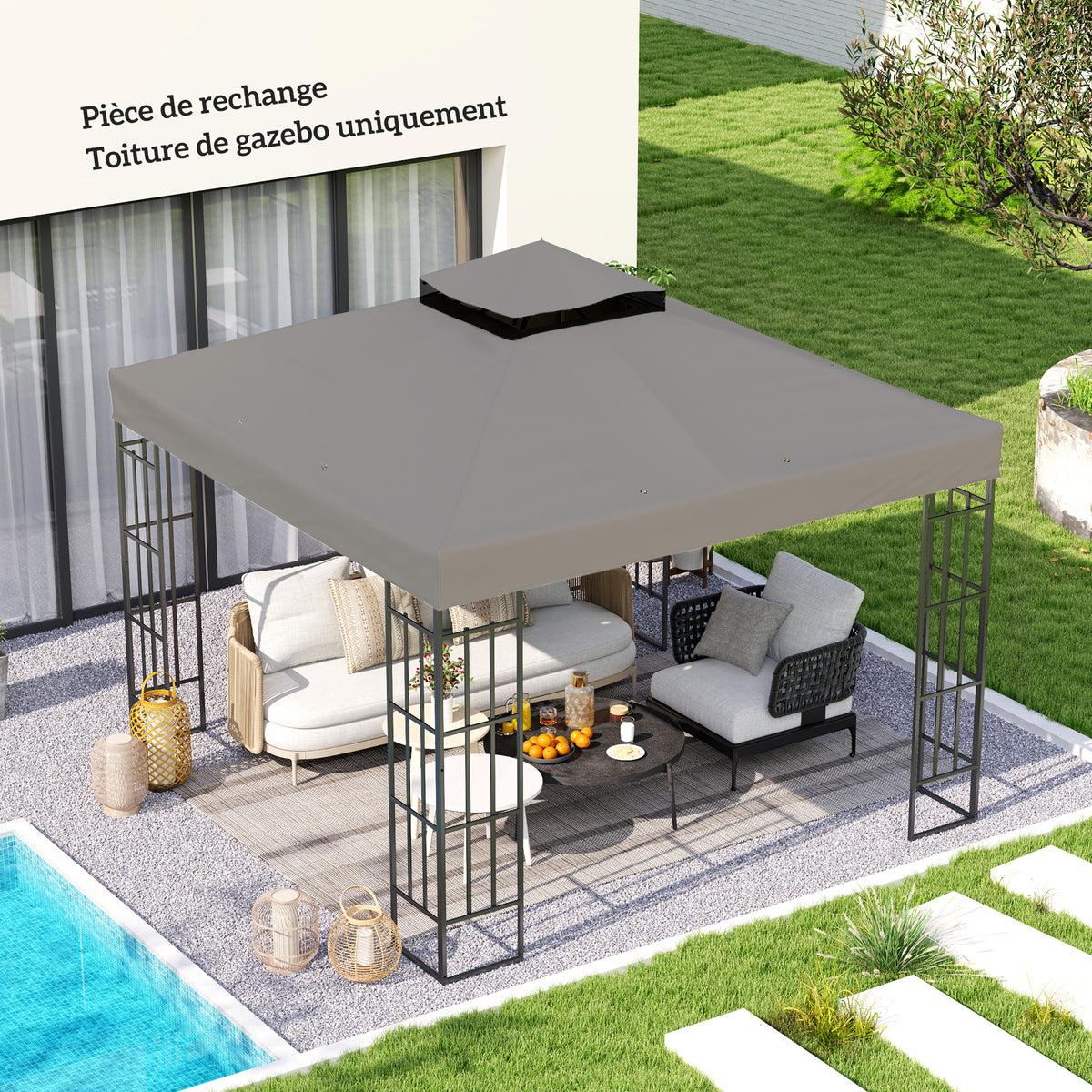 Toile pour tonnelle 3 x 3 m toile de rechange pour tonnelle à 2 niveaux protection UPF30+ trous de drainage gris