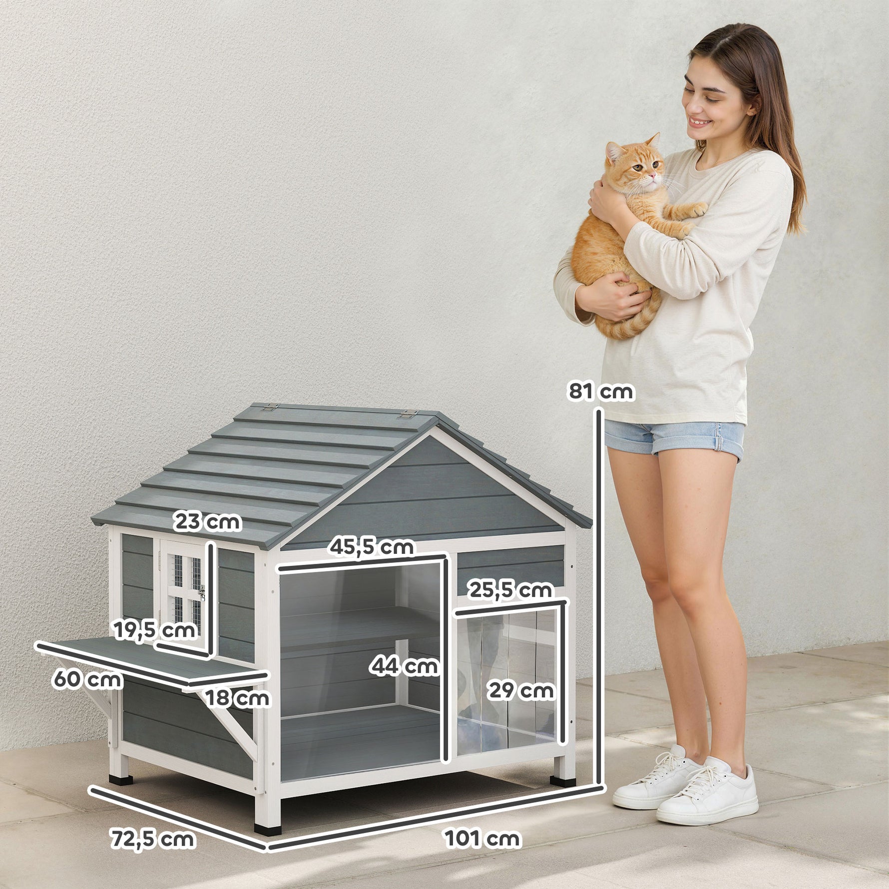 Maison pour Chat Extérieur Toit Ouvrant Fenêtre Panoramique Porte à Lamelles et Plateforme de Repos 101x72,5x81cm Gris