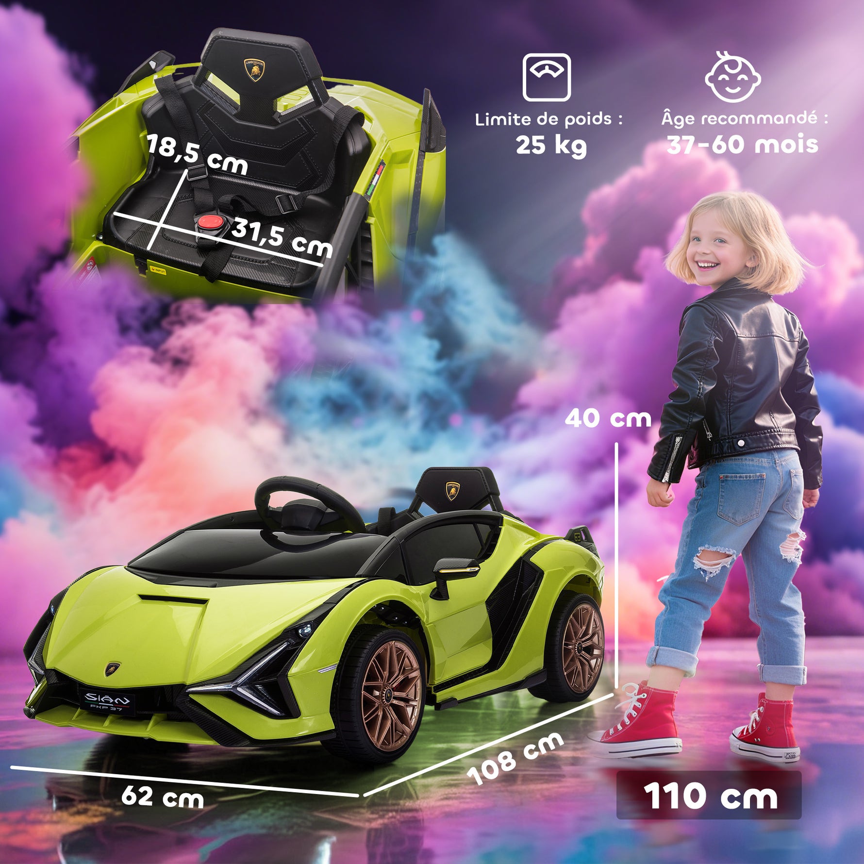 Voiture électrique Enfants de Sport Véhicule électrique Lamborghini Sian 12 V - V. Max. 5 Km/h avec Télécommande 2,4G Effets sonores + Lumineux Vert