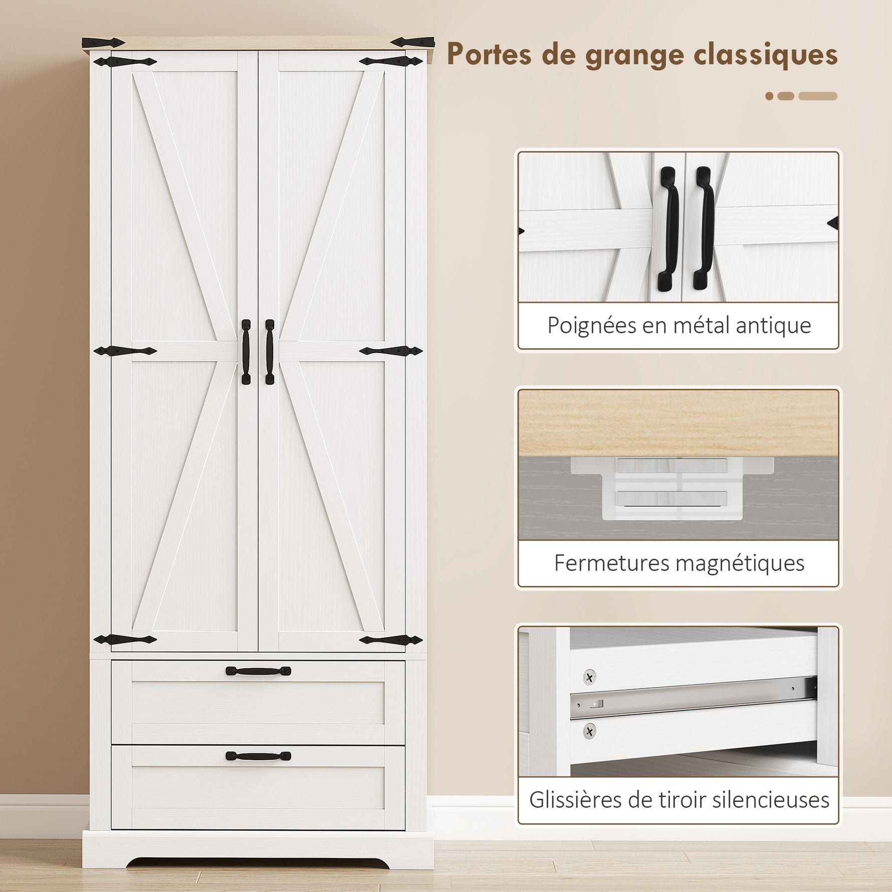 Buffet haut cuisine, armoire de cuisine avec 2 portes, 2 tiroirs, étagères réglables, style rustique, 76x40x180cm, blanc