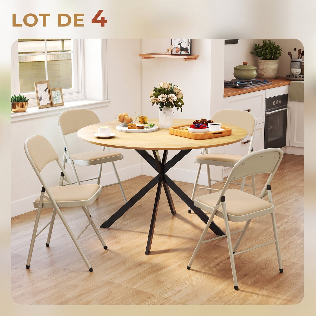 Lot de 4 chaises pliantes et portables intérieur avec assises et dossiers rembourrés en velours, cadre en acier, beige