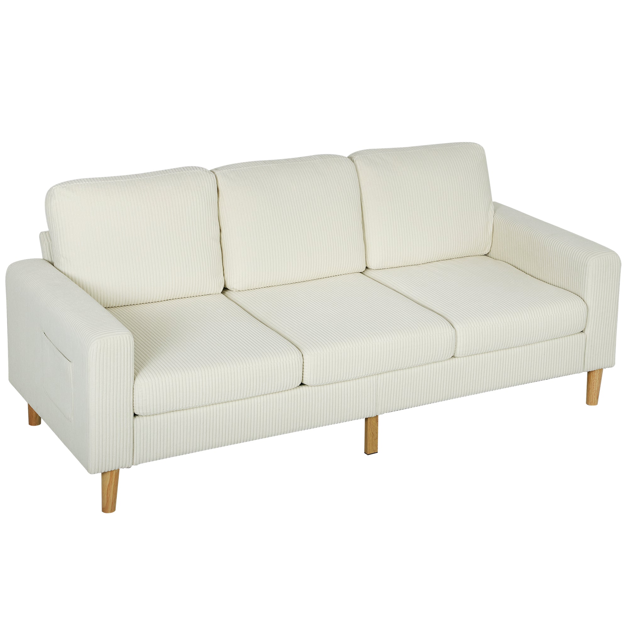Canapé 3 places en velours côtelé, canapé avec coussins à ressorts et assise rembourré, 192x80x84,5cm, beige-0