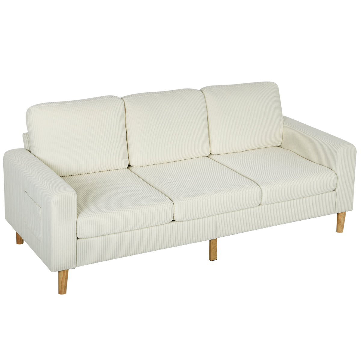 Canapé 3 places en velours côtelé, canapé avec coussins à ressorts et assise rembourré, 192x80x84,5cm, beige-0