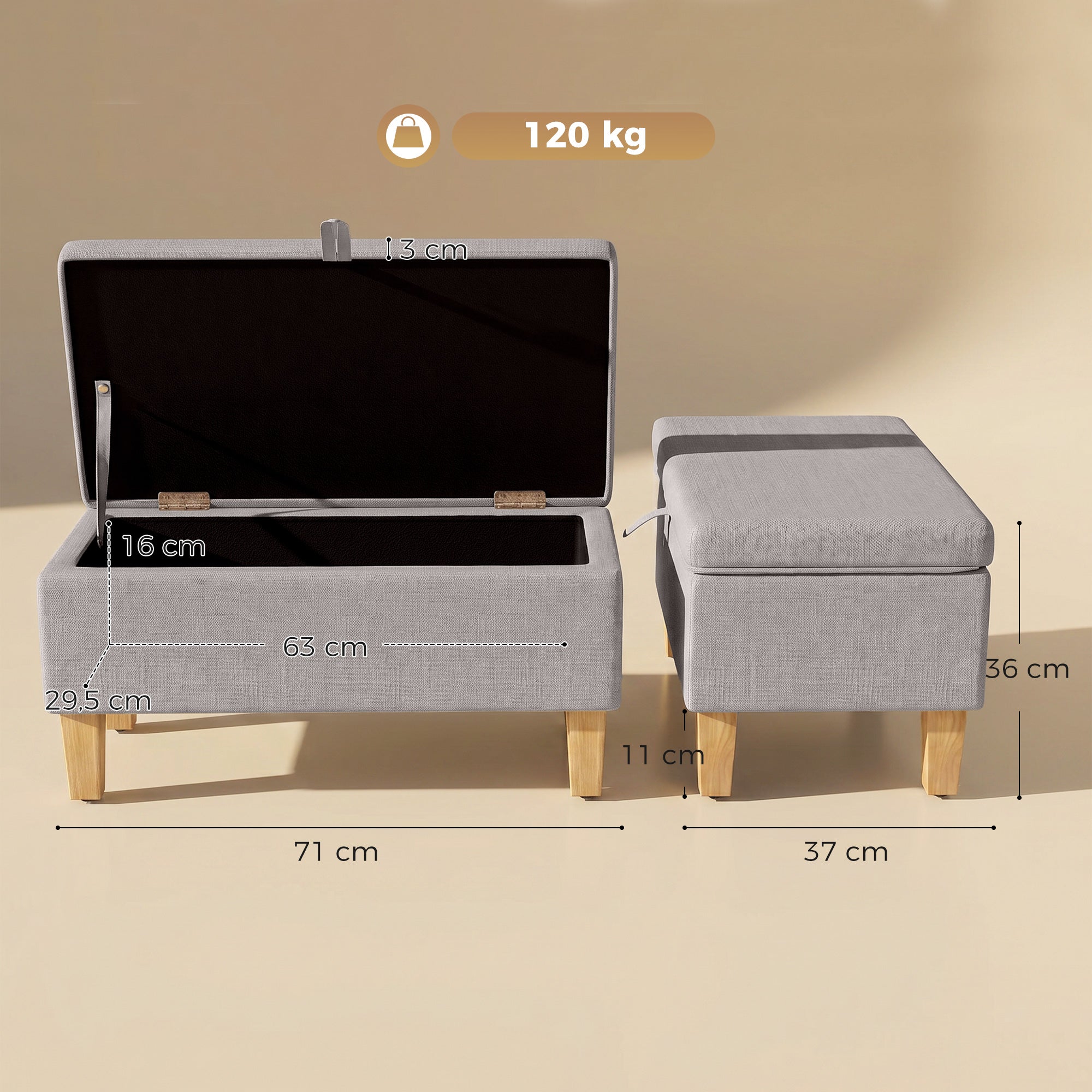 Panca contenitore, fondo letto, poggiapiedi imbottito in lino con gambe in legno di gomma, 71x37x36cm, grigio chiaro