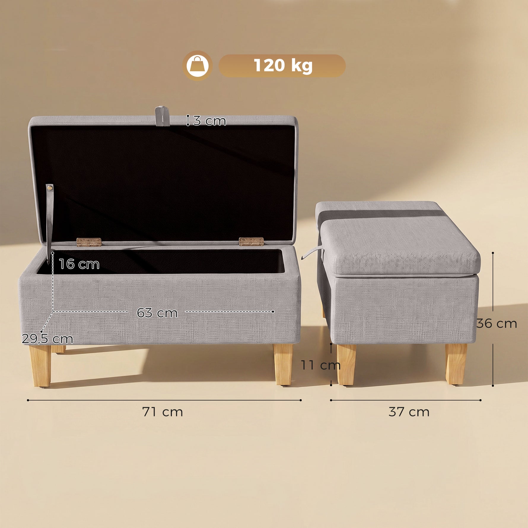 Banc de rangement, bout de lit, repose-pieds rembourré en lin avec pieds en bois de caoutchouc, 71x37x36cm, gris clair